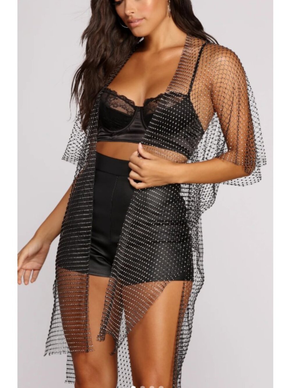 Black Rhinestone Chainmail Kimono Sheer Sparkle Mesh Duster Cardigan, Glam